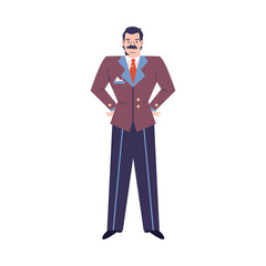 Hotel manager in retro uniform in flat cartoon style vector illustration