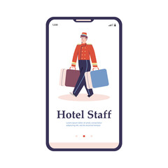 Onboarding page with hotel porter carrying suitcases, flat vector illustration.