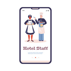 Onboarding screen interface for mobile app of hotel, flat vector illustration.