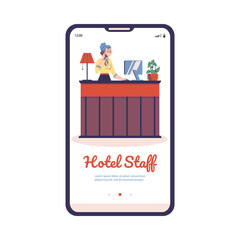 Hotel staff onboarding screen with receptionist, flat vector illustration.