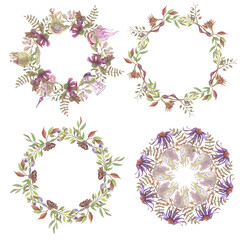 Set of wreaths with vials, glasses , dried branches, flowers and abstract spots made in the technique of colored pencils. Hand drawn. Witchcraft herbs.