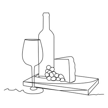 wine bottle, glass, cheese, grapes line art clip art preview