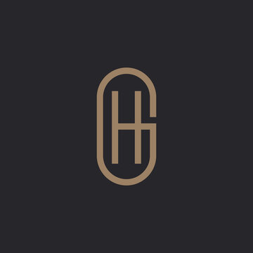 Initial letter GH, HG minimalist art logo, gold color on black background.
