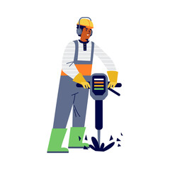 Construction worker drills road surface in flat vector illustration