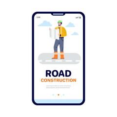 Onboarding start mobile page with road builder in flat vector illustration