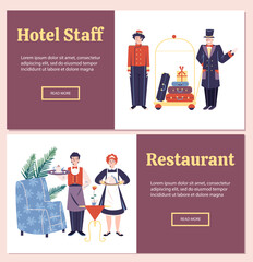 Obraz premium Set of landing pages with hotel, restaurant staff in flat illustration