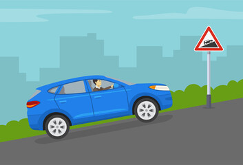 Driving a car on a grades and hills. Blue suv goes up the hill by city  road. Steep ascent road or traffic warning sign. Flat vector illustration template. - obrazy, fototapety, plakaty