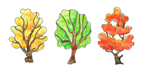 Watercolor illustration set with autumn trees. Bright trees on a white background.