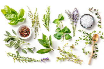 Fresh aromatic herbs, overhead flat lay shot on a white background with spices. Bunches of...
