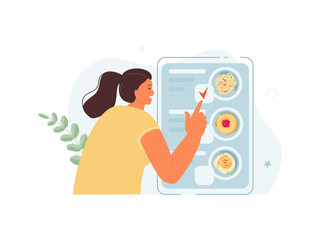 Young Girl selects dishes in the application. Ordering products online delivery to your home or office. Vector web illustration