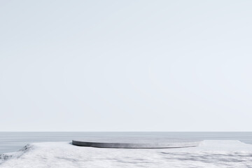 Fototapeta na wymiar Stone product display podium on sea and sky blue background. 3D rendering