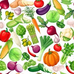 Vegetables seamless pattern, vector illustration. Background with artichoke, leek, corn, garlic, cucumber, pepper, onion, celery, asparagus, cabbage and ets.