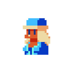 Snow Maiden. Young girl blonde in a hat character. Female avatar, portrait, profile picture. Design of 80s. Pixel art. Flat style. Game assets. 8-bit. Isolated vector illustration.