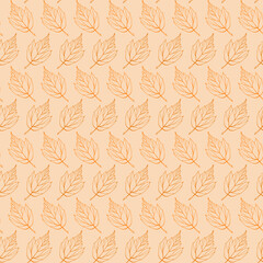 Autumn falling leaves contours seamless pattern. Outline brown and orange foliage boundless background. Pastel fall endless texture. Nude beige leaves repeating surface design. Cute autumn backdrop.