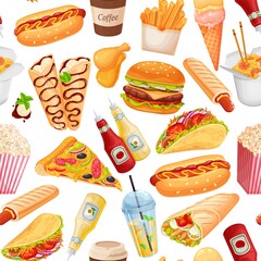 Fast food seamless pattern, vector illustration. Background with crepes, hamburger, wok noodles, hot dog, shawarma, pizza and others for takeaway cafe design. Illustration of street food.