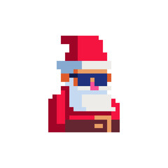 Santa Claus with sunglasses, pixel art character. Avatar, portrait, profile picture. Happy New Year. Flat style. Game assets. 8-bit. Isolated vector illustration.  Design for logo, sticker, app.