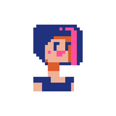 Beautiful young girl character. Avatar, female portrait, profile picture. Fashionable haircut. Pixel art. Flat style. Hairdresser's logo. Game assets. 8-bit. Isolated vector illustration.