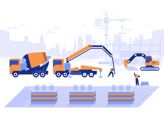 Construction site of building house concept. Team of builders makes foundation, pours concrete from concrete pump, excavator digs. Real estate business. Vector illustration scene with tiny characters