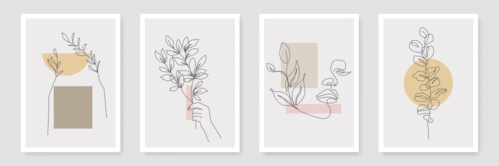 Contemporary Floral Banner Set witl Line Art Drawing. Botanical Abstract Background. Botanical Minimalist Leaves Background Design for Prints, Posters, Banners, Textile, Fabric, Surface. Vector EPS 10