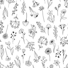 Line art floral elements seamless pattern. Background with drawn outline foliage natural leaves herbs. Hand drawn flower botanical vector illustration.