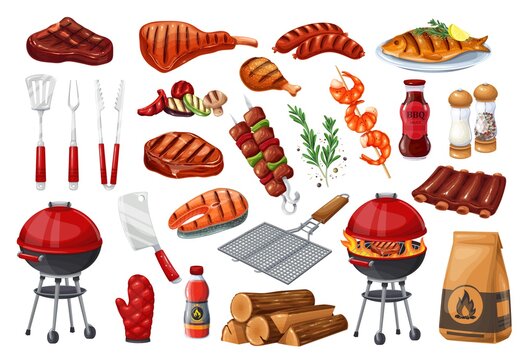 BBQ party set icon, barbecue, grill or picnic. Grilled salmon, sausage, vegetables, meat steak and shrimp. Barbecue tools vector illustration