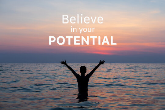 Inspirational and motivation quote on traveler man standing in the sea with sunset sky background.