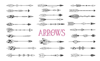 Boho arrows set, drawn ink tattoo elements in Native American Indian style, vintage vector arrows.