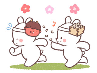 節分のお面をかぶって追いかけっこをする子供シロクマ3