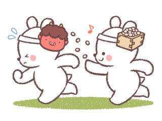 節分のお面をかぶって追いかけっこをする子供シロクマ2