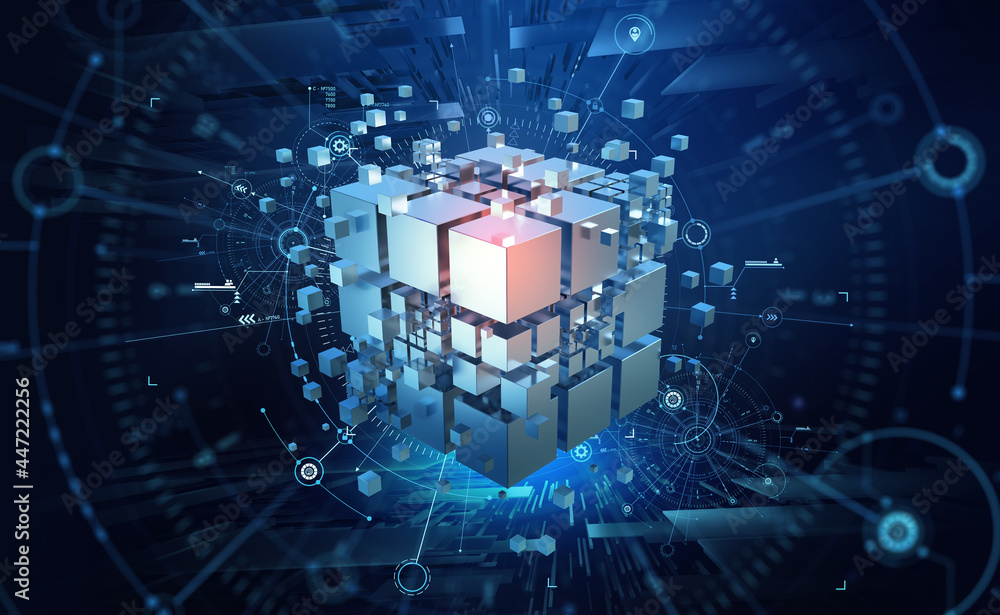 Poster Hi-tech Square blocks are collected in a cubic array against the background of information fields. 3d illustration of blockchain abstract concept. Artificial intelligence learnability