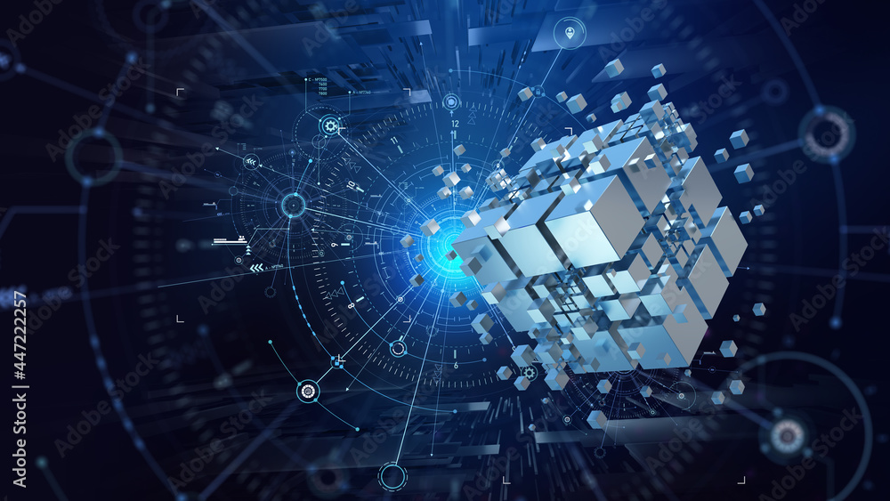 Poster Blockchain technology. Big data processing, fintech and digital innovation. Cyberspace concept of future. Information block and cryptocurrency. 3D illustration on nanotechnology background