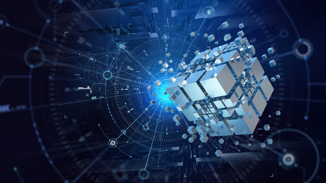 Blockchain technology. Big data processing, fintech and digital innovation. Cyberspace concept of future. Information block and cryptocurrency. 3D illustration on nanotechnology background