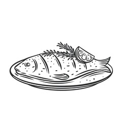 Grilled fish with rosemary and lemon on a plate outline vector icon, drawing monochrome illustration. Whole roast dorado.