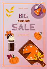 Bright vector autumn sales banner. Advertising, shopping discount promotion. Flat design illustration.Template backgrounds with pupmkin pie, hot spiced tea and colorful seasonal fall leaves