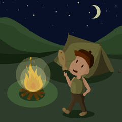 character on a camping trip with a tent fries a fish on a campfire at night