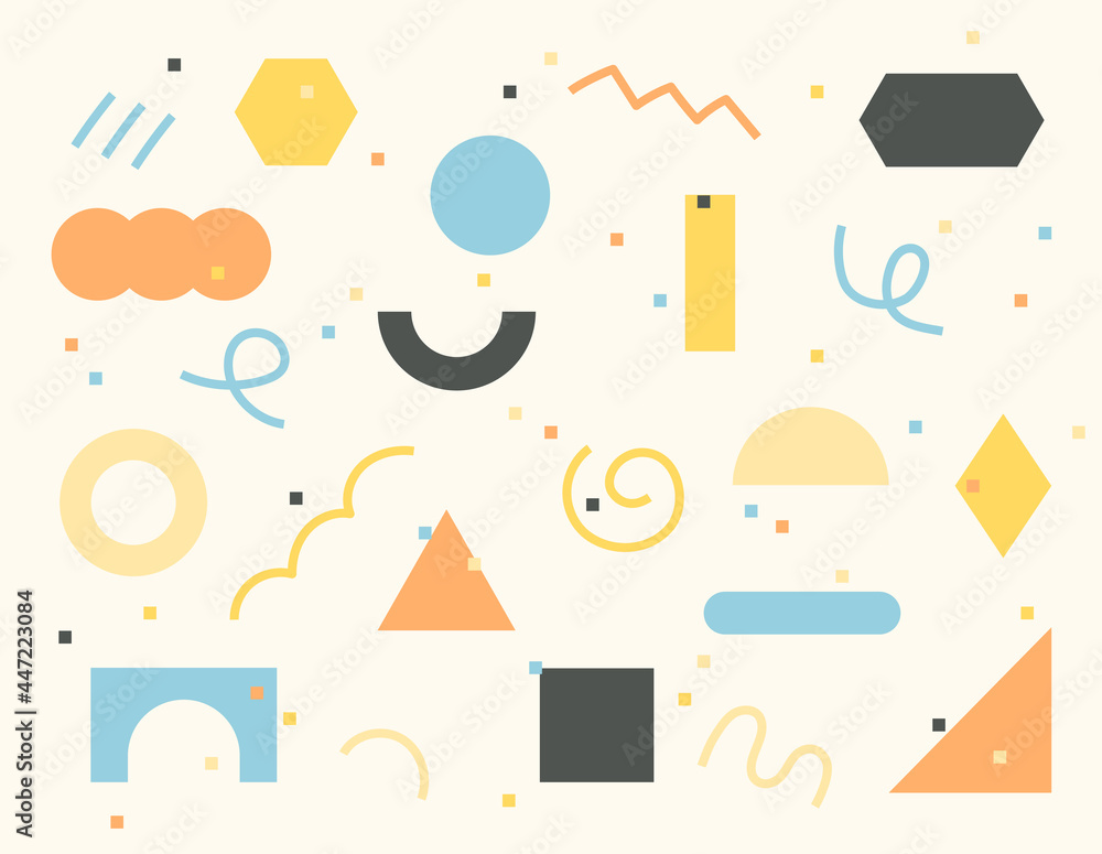 Poster various shapes and lines are freely scattered to form a pattern.