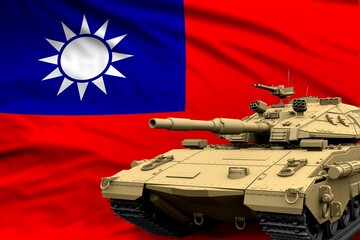 Heavy tank with fictional design on Taiwan Province of China flag background - modern tank army forces concept, military 3D Illustration