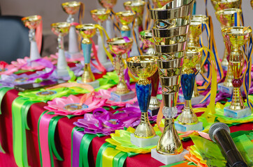 Various sports trophies, awards ribbons and a microphone on the