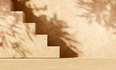 3D beige concrete podium display with lights and plants shadows