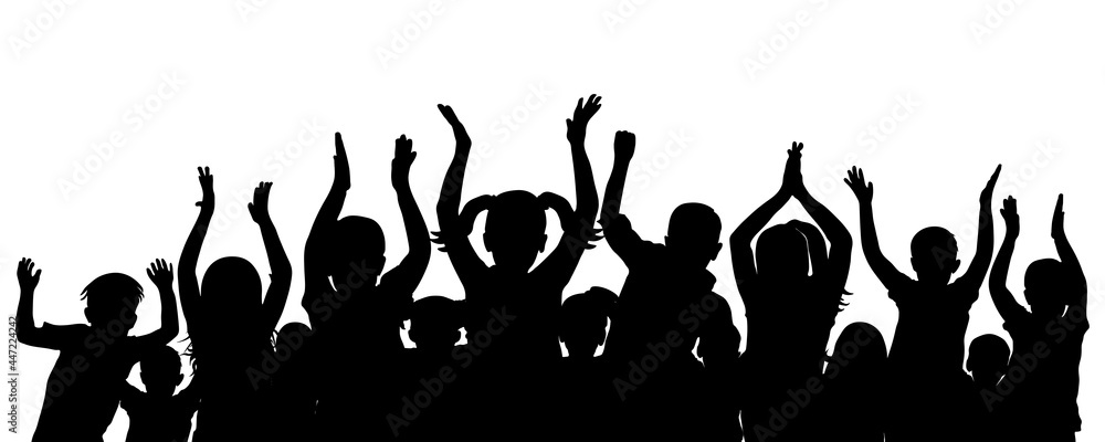 Wall mural happy first graders, silhouette of crowd of children. applauding school children. vector illustratio