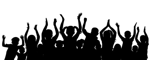 Happy first graders, silhouette of crowd of children. Applauding school children. Vector illustration.