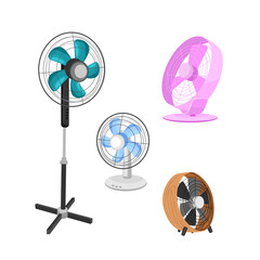 A set of electric fans of various types. Household appliances for air cooling. Vector illustration in a flat cartoon style.