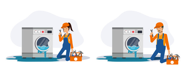 Set of male and female mechanic come to check and repair washing machine which water leak, flood.Flat vector 2D cartoon character illustration.