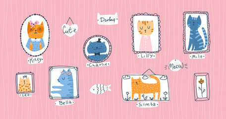 Kitty Collection. Cat pet portraits in simple hand drawn Scandinavian cartoon childish style. Colorful cute doodle animals in frames on a pink background with nicknames.