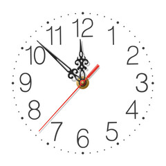 Elegant clock face with figured hands and red second hand isolated on white