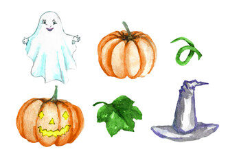 a watercolor halloween set of pumpkins, leaf, hat, ghost