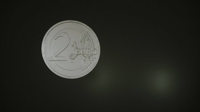 Spinning two euro coin in slow motion, 3d animation