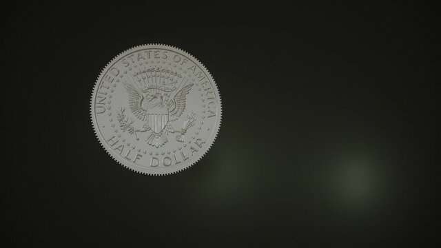 Spinning half dollar coin in slow motion, 3d animation