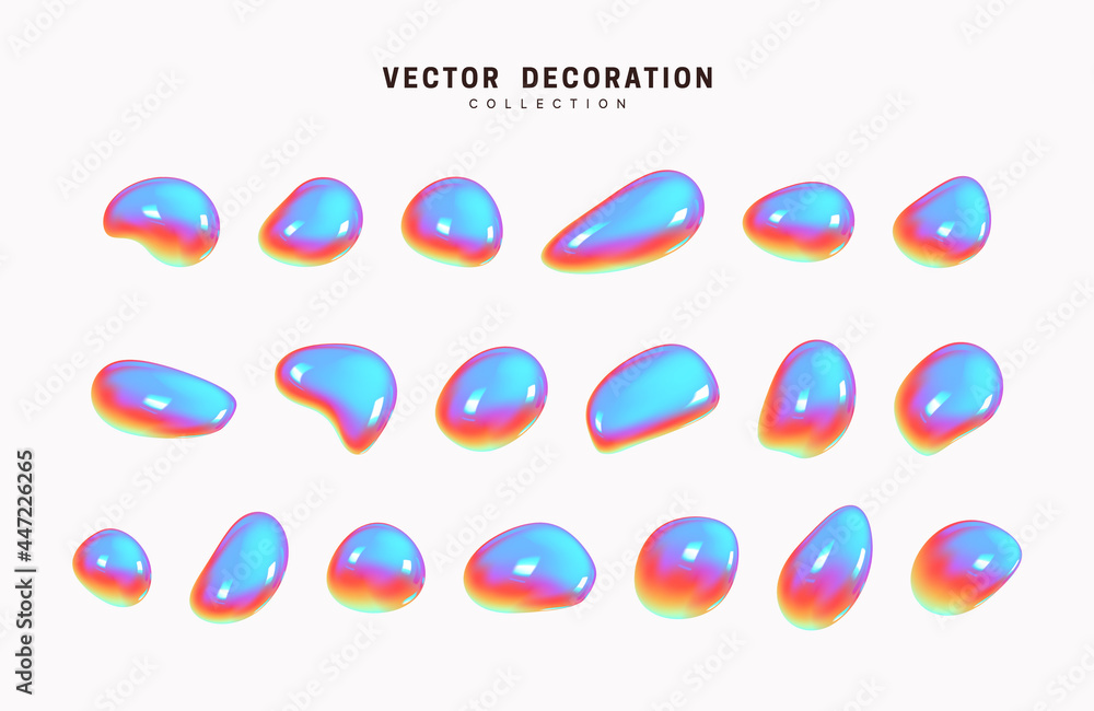 Poster liquid 3d shapes with hologram gradient in color. set isolated liquid elements of holographic chamel