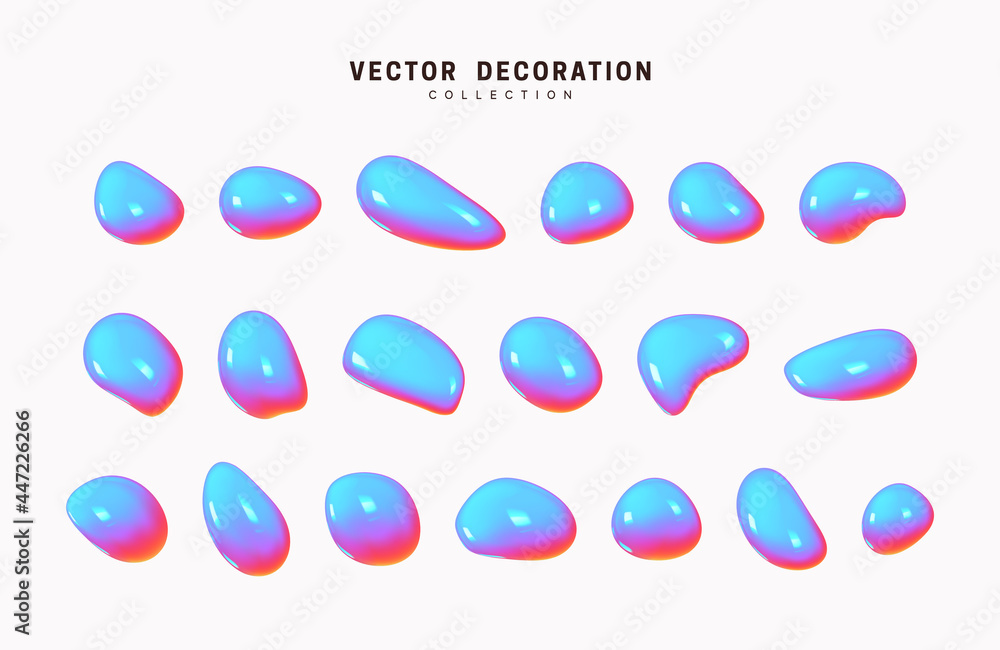 Poster liquid 3d shapes with hologram gradient in color. set isolated liquid elements of holographic chamel